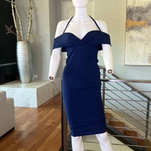 Nookie Athena Off Shoulder Midi Dress in Blue - Picture 1 of 12